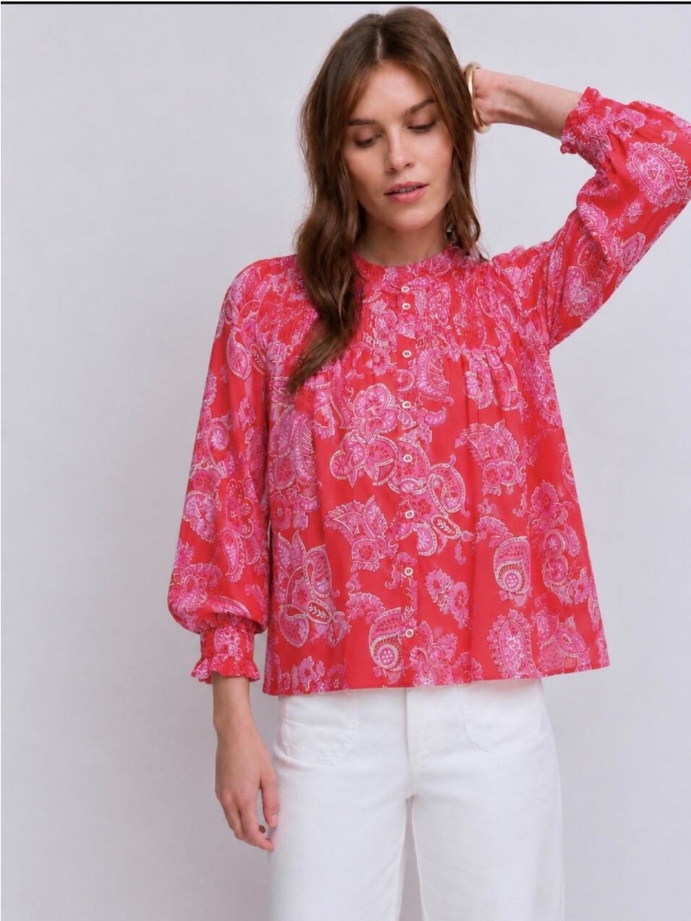 Boden Helena Cotton Cascade Paisley Blouse Flame Scarlet Size 10